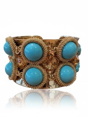 Gold Tone Cuff Bracelet with Turquoise Blue Cabochons